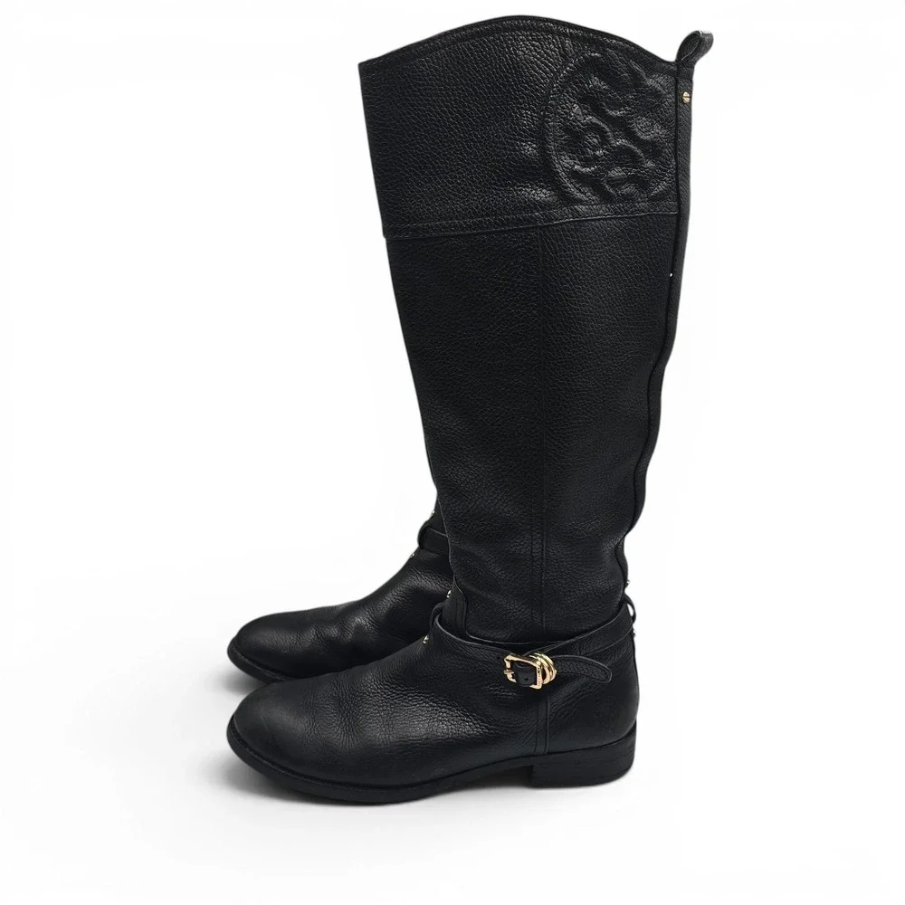 Tory Burch Black Pebbled Leather Riding Boots Size 9M Embossed Logo Gold Buckle